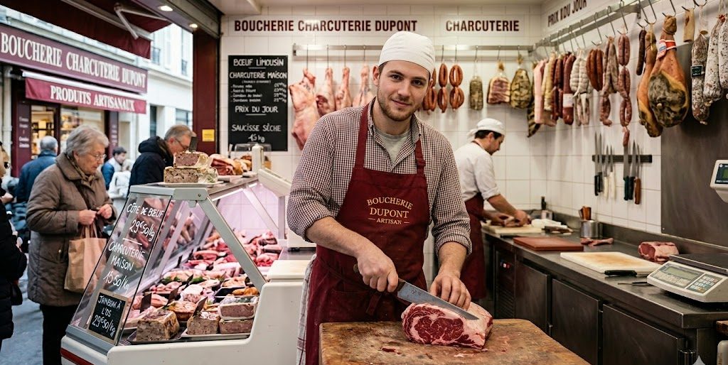 Boucher-charcutier dans sa boutique