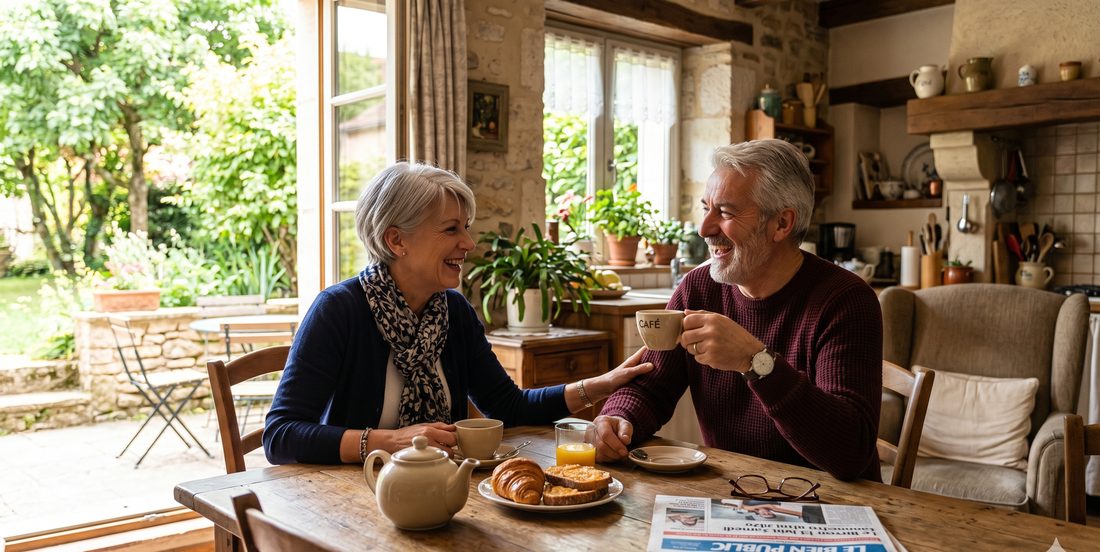 Couple de retraités chez eux au petit-déjeuner