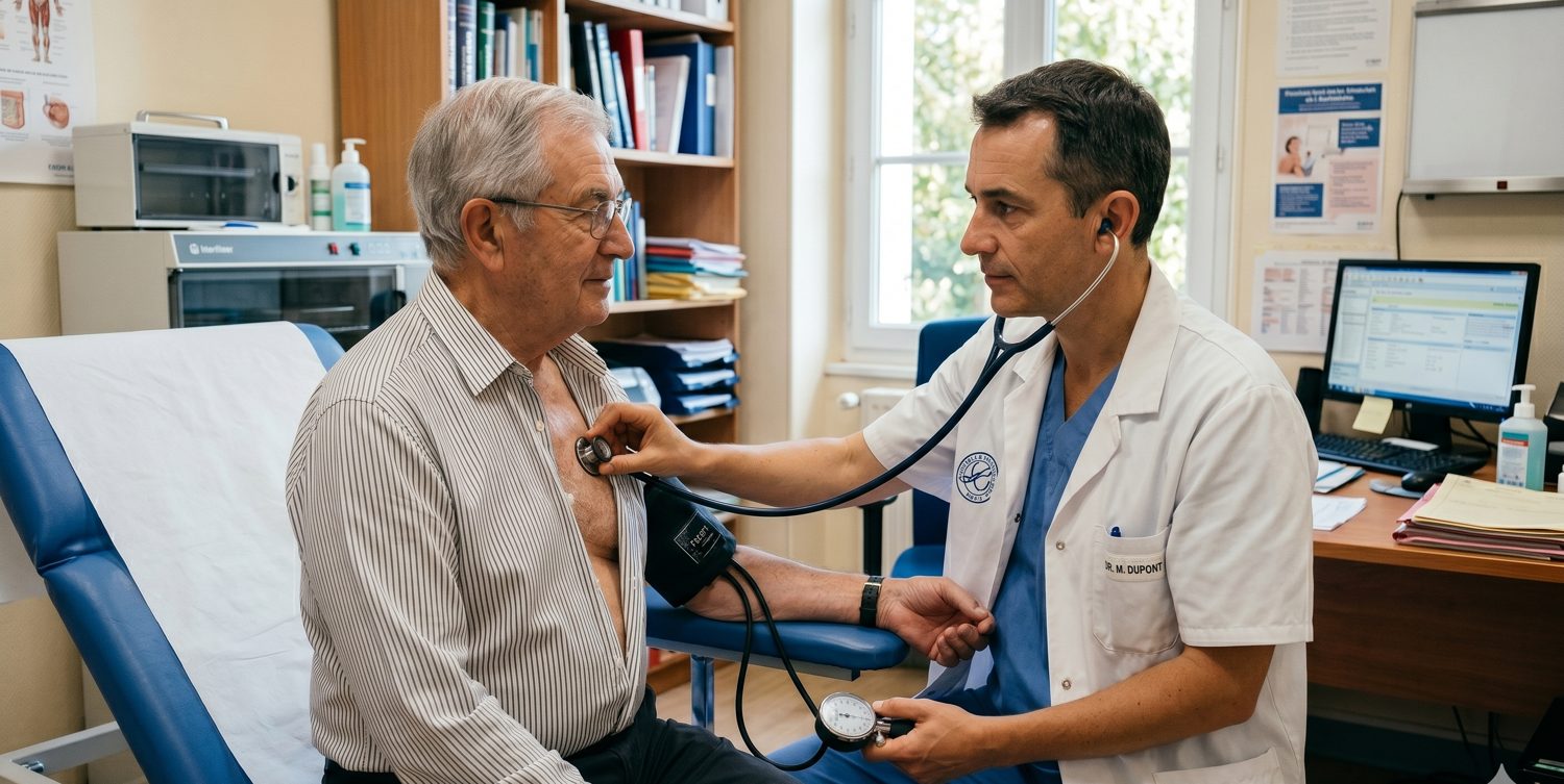 Medecin auscultant un patient age