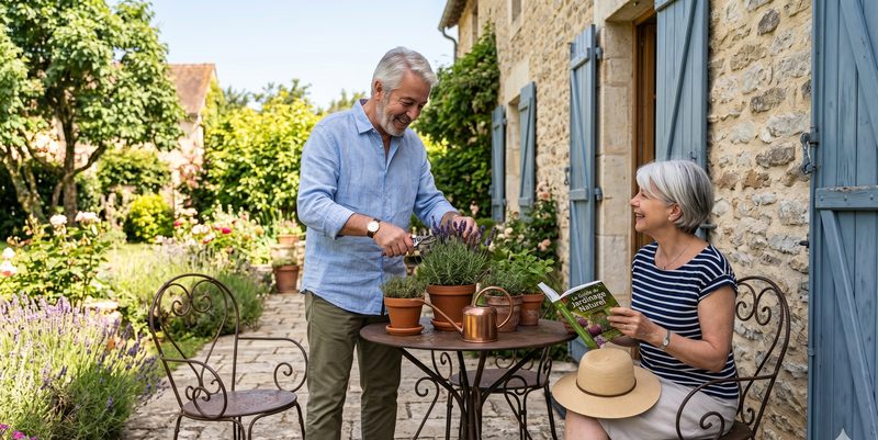 Couple de retraités souriant dans leur jardin